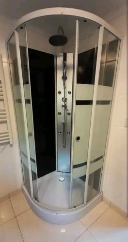 une douche avec une porte vitrée dans une salle de bain dans l'établissement Joli chalet au calme Côte d'Azur, à Valbonne