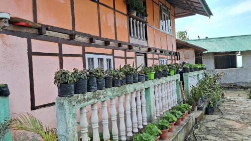 a fence with potted plants on the side of a house at Karma Dreamland homestay in Rongli