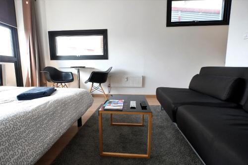 ein Wohnzimmer mit Sofa und Tisch in der Unterkunft Appartement Gare Lille Europe in Lille