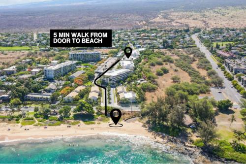 an aerial view of a beach with the words is km walk from door to beach at Walk to Beach from this Renovated Studio with King Bed and Resort-Level Amenities in Wailea