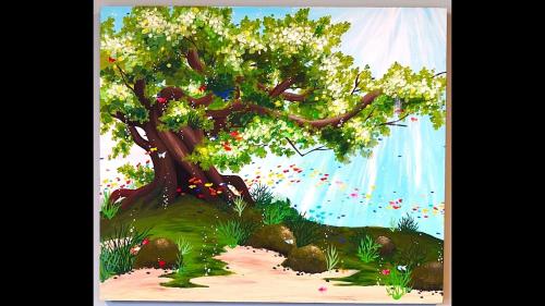 a painting of a tree with flowers on it at Ｓｗｉｍｍｙ Ｉｎｎ Ｏｎａｇａｗａ - Vacation STAY 44059v in Onagawa