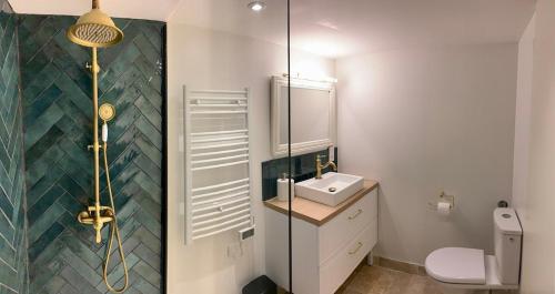 a bathroom with a sink and a toilet and a shower at La petite maison in Neuvic