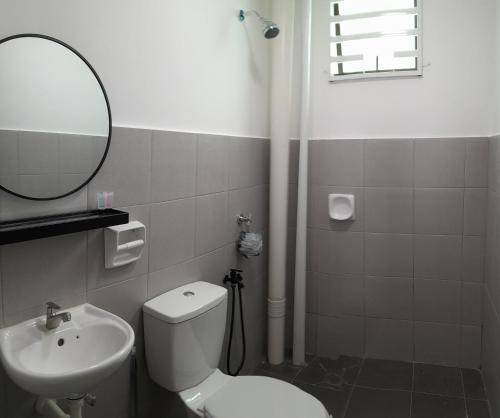 a bathroom with a toilet and a sink and a mirror at Zayyan Homestay Parit Buntar in Parit Buntar