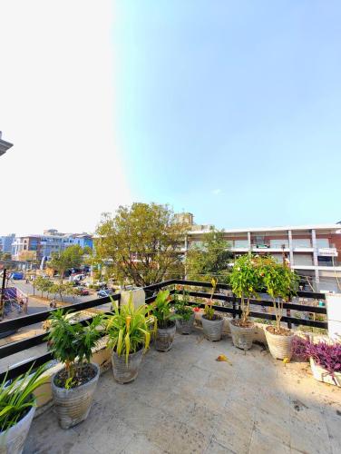 a row of potted plants sitting on a balcony at Shreya's Homestay, Your Sacred Nest in Ujjain