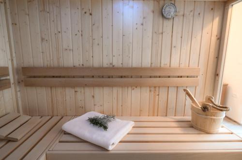 a room with a sauna with a towel and a bucket at Tweet Apartments with Sauna and optional Breakfast Close To Terme Sveti Martin in Štrigova