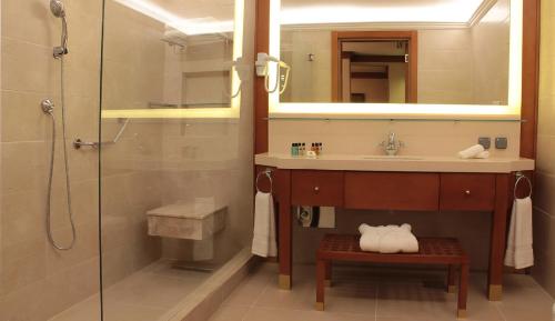 a bathroom with a sink and a shower with a mirror at Thousand Nights Hotel in Amman
