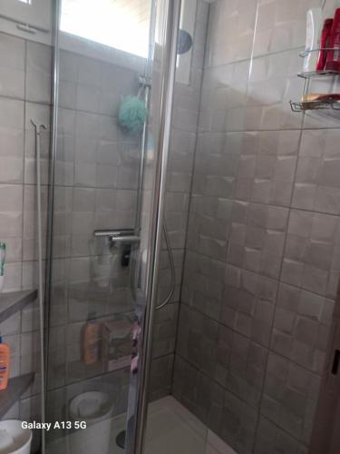 une douche avec une porte vitrée dans une salle de bain dans l'établissement Maison a etage, au Le Verdon-sur-Mer