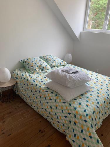 un lit avec des oreillers dessus dans une chambre dans l'établissement CHEZ GRANDMA GEO location in Chablis, à Chablis