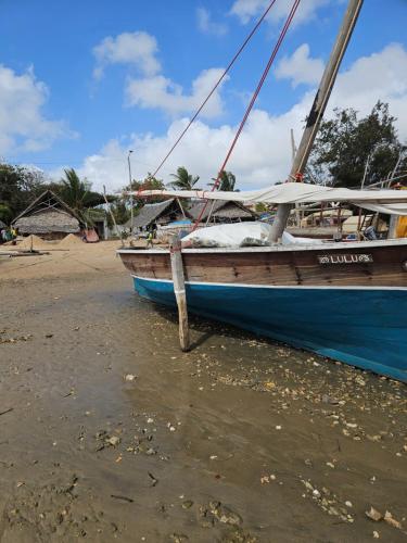 a boat sitting on the shore of a beach at Dhow House in Shela