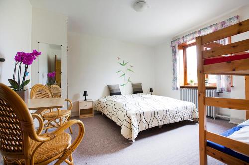 um quarto com uma cama, uma mesa e cadeiras em Pension Elmehøj em Hjertebjerg