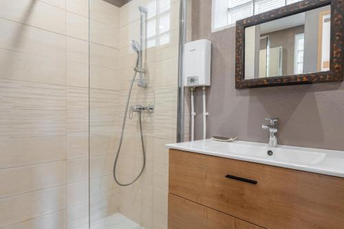 une salle de bain avec une douche, un lavabo et un miroir dans l'établissement Villa 10p Vue Mer Grande Piscine et Dépendance, à La Londe-les-Maures