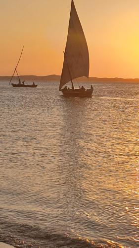 two boats on the water at sunset at Dhow House in Shela
