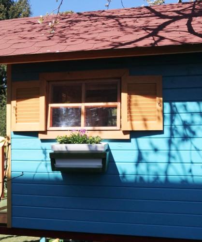 a blue house with a window with a flower box at Kwatera Na Śliwkowej in Zabrzeg