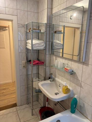 ein Badezimmer mit Waschbecken und Spiegel in der Unterkunft Gemütliche Wohnung in Wasserburg am Inn in Wasserburg am Inn
