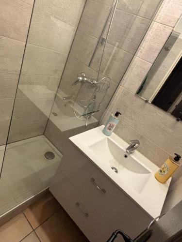 une salle de bain avec un lavabo et une douche dans l'établissement Les Restanques - Grimaud, à Grimaud