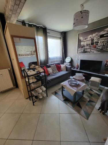 a living room with a couch and a table at appartement 3 chambres, idéal pour déplacement in Échirolles
