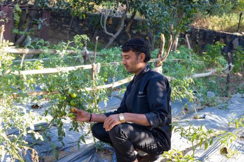 a man is squatting in front of a tree at ELIVAAS Cows & Cuddles 4 BHK with Pvt Pool and Garden in Debāri