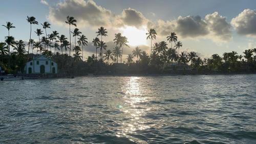 a house on the shore of a body of water with palm trees at Apto Luxo - Praia dos Carneiros in Praia dos Carneiros