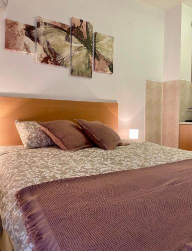 a bedroom with a bed with four paintings on the wall at Apartment Victor in Banja Koviljača