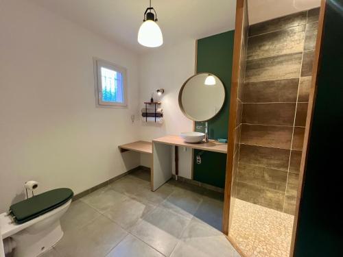une salle de bain avec toilettes, lavabo et miroir dans l'établissement Studio avec extérieur ombragé, à Saint-Marcel-lès-Valence