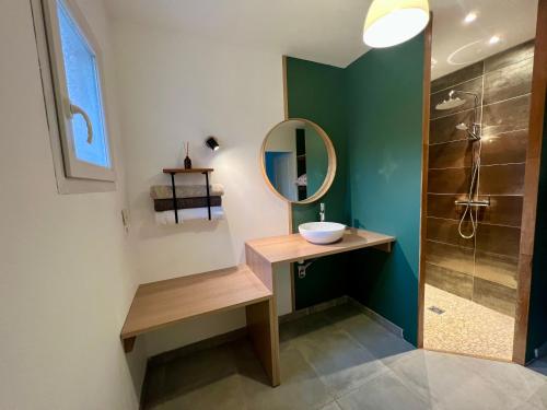 une salle de bain avec un lavabo et un miroir dans l'établissement Studio avec extérieur ombragé, à Saint-Marcel-lès-Valence
