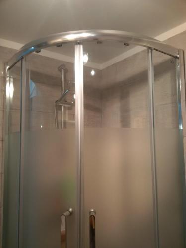 une douche avec une porte vitrée dans une salle de bain dans l'établissement Au calme, à 400m de la mer, au Barcarès