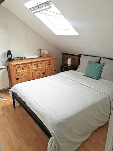 - une chambre avec un grand lit et un oreiller vert dans l'établissement Deux pièces sous les toits, à Tours