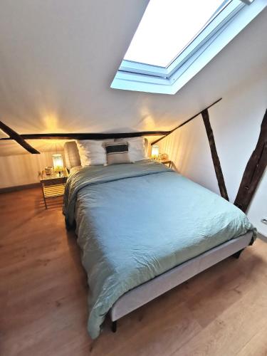 une chambre avec un grand lit avec une lucarne dans l'établissement Deux pièces sous les toits, à Tours