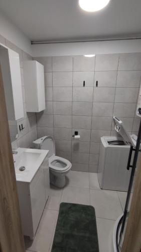 a small bathroom with a toilet and a sink at Apartament Gagarina in Gliwice