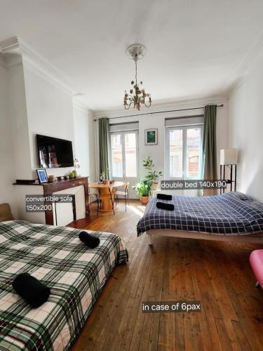 une chambre avec deux lits et un salon dans l'établissement Zen rustic home & private backyard Toulouse center, à Toulouse