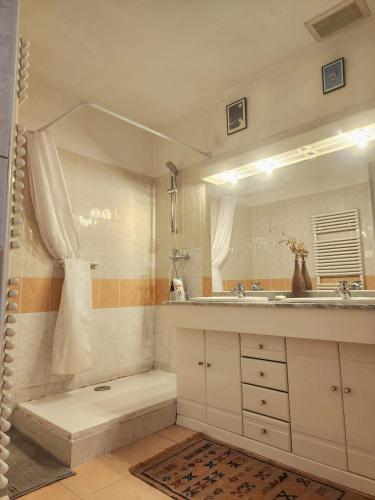 une salle de bain avec une baignoire, un lavabo et un miroir dans l'établissement Zen rustic home & private backyard Toulouse center, à Toulouse