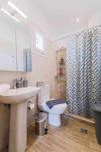a bathroom with a sink and a toilet and a shower at Tommys Apartment in Nei Poroi