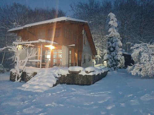 a cabin in the snow with snow covered trees at Villa Ema in Sarajevo