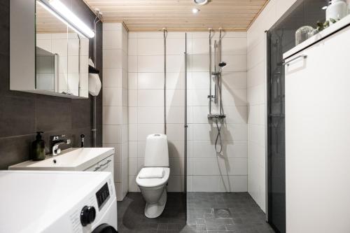 a bathroom with a shower and a toilet and a sink at Arctic Honey City Suite in Rovaniemi