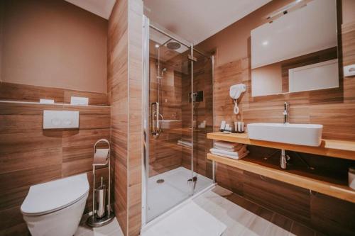 a bathroom with a shower and a toilet and a sink at Bellevue Rooms in Stara Baška