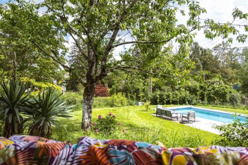 un jardin avec une piscine, un arbre et un canapé dans l'établissement La Fernandiere, Historic Home, Garden and Pool, à Saint-Georges-sur-Cher