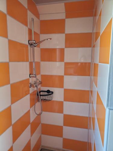 La salle de bains est pourvue d'une douche et de carrelage orange et blanc. dans l'établissement Le Chat qui pêche, maisonnette en bois, Les Kabanes en Kreiz Breizh, à Rostrenen