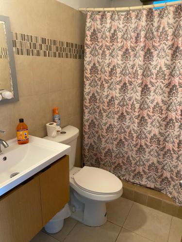 a bathroom with a toilet and a sink and a shower curtain at Apartamento karma in Culebra