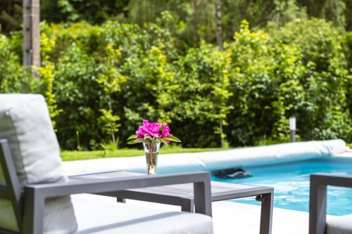 a vase of pink flowers sitting on a table next to a pool at La Fernandiere, Historic Home, Garden and Pool in Saint-Georges-sur-Cher