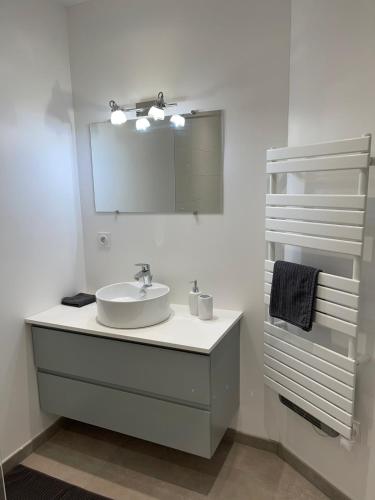 une salle de bain avec un lavabo et un miroir dans l'établissement Duplex en centre ville de GAP, à Gap