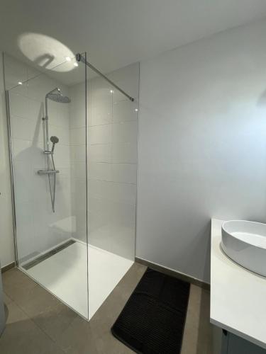 une salle de bain avec une douche en verre et un lavabo dans l'établissement Duplex en centre ville de GAP, à Gap