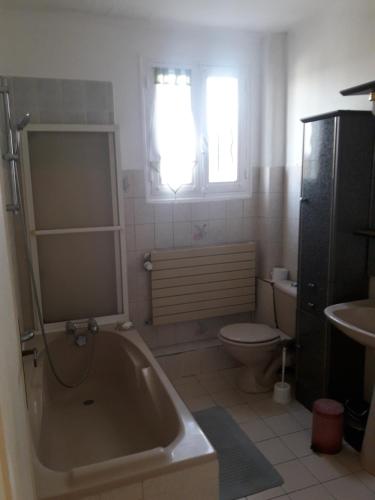 a bathroom with a tub and a toilet and a sink at maison individuelle in Franconville