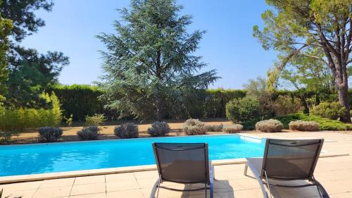 2 chaises assises en face d'une piscine dans l'établissement Le Paradis au centre du Vaucluse, à Saumane-de-Vaucluse