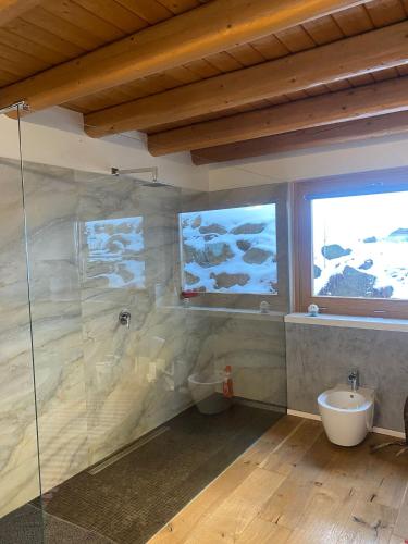 a bathroom with a glass shower and a sink at Cabana Riky House in Statiunea Borsa