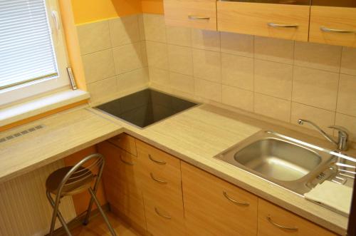 une petite cuisine avec un évier et une chaise dans l'établissement Apartment Sučany, à Sučany