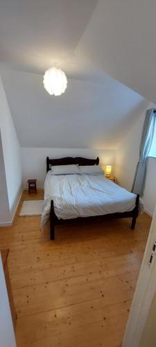 a bedroom with a bed with a light on the ceiling at Green Acres Bretagne in Maël-Carhaix