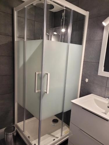 une douche en verre dans une salle de bain avec un lavabo dans l'établissement Neptuna, au Cap d'Agde