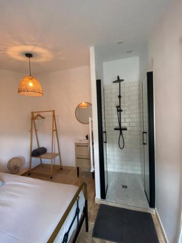 - une chambre avec une douche, un lit et une table dans l'établissement Vacances face au Luberon, à Robion