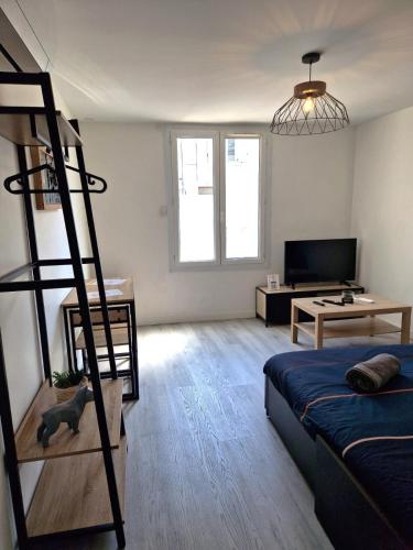 a living room with a bunk bed and a couch at Faubourg des voyageurs 4 - Studio climatisé 2 personnes - proche axe autoroute in Saran