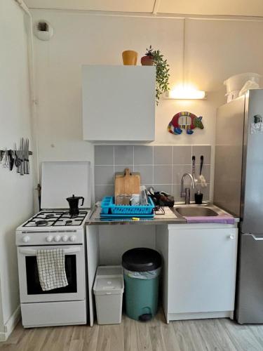 Il comprend une petite cuisine équipée d'une cuisinière et d'un évier. dans l'établissement Chambre Privée - Gentilly - France, à Gentilly